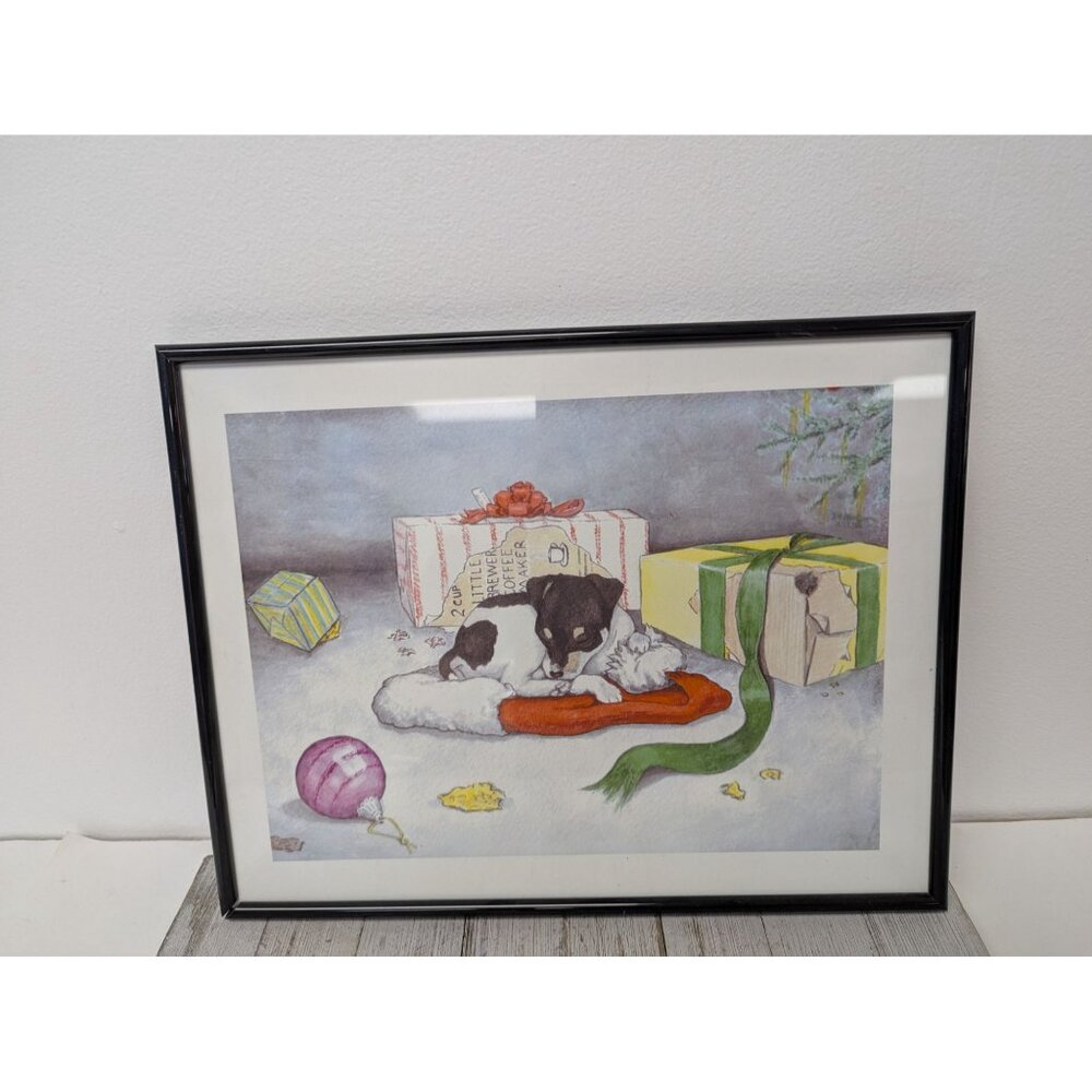 Jane McClure Jane's Prints Puppy Dog makes Mess Sleeps Santa Hat Framed Print